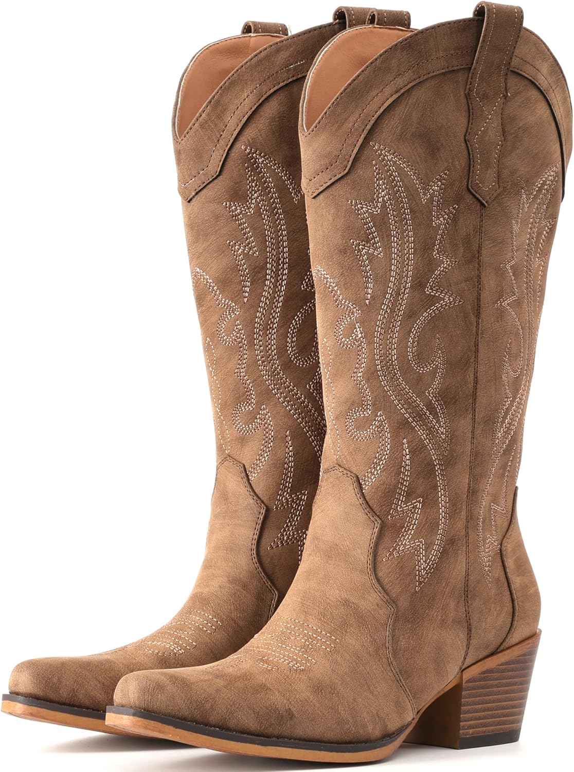 IUV black leather cowboy boots for women with chunky heel and mid-calf snip toe design, shown from the side — view 1