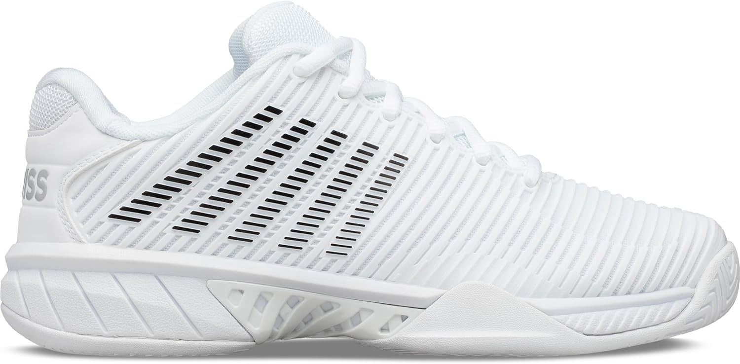 K-Swiss Women's Hypercourt Express 2 tennis shoe in white and teal colorway, designed for court performance and athletic agility โ view 1