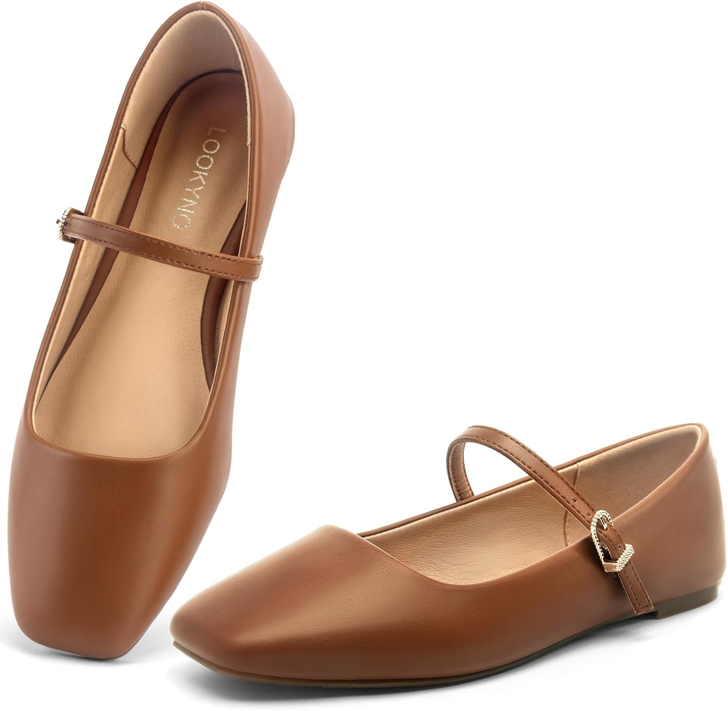 Lookyno women's black ballet Mary Jane flats with adjustable strap and square closed toe on white background — view 1
