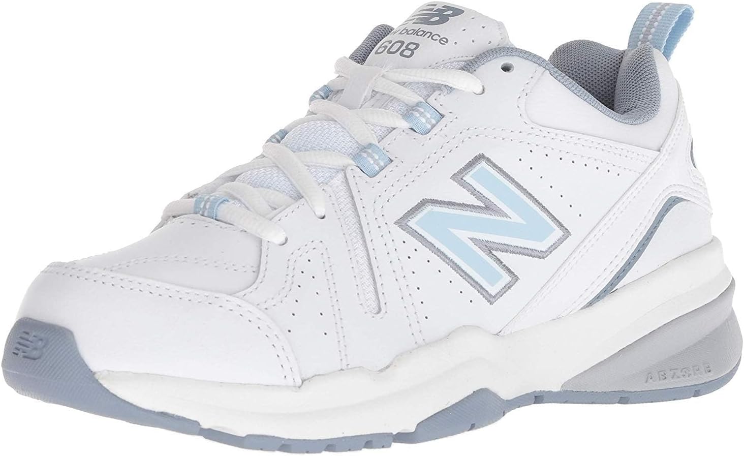 New Balance Women's 608 V5 casual comfort cross trainer in white with navy accents, featuring cushioned midsole and supportive design — view 1