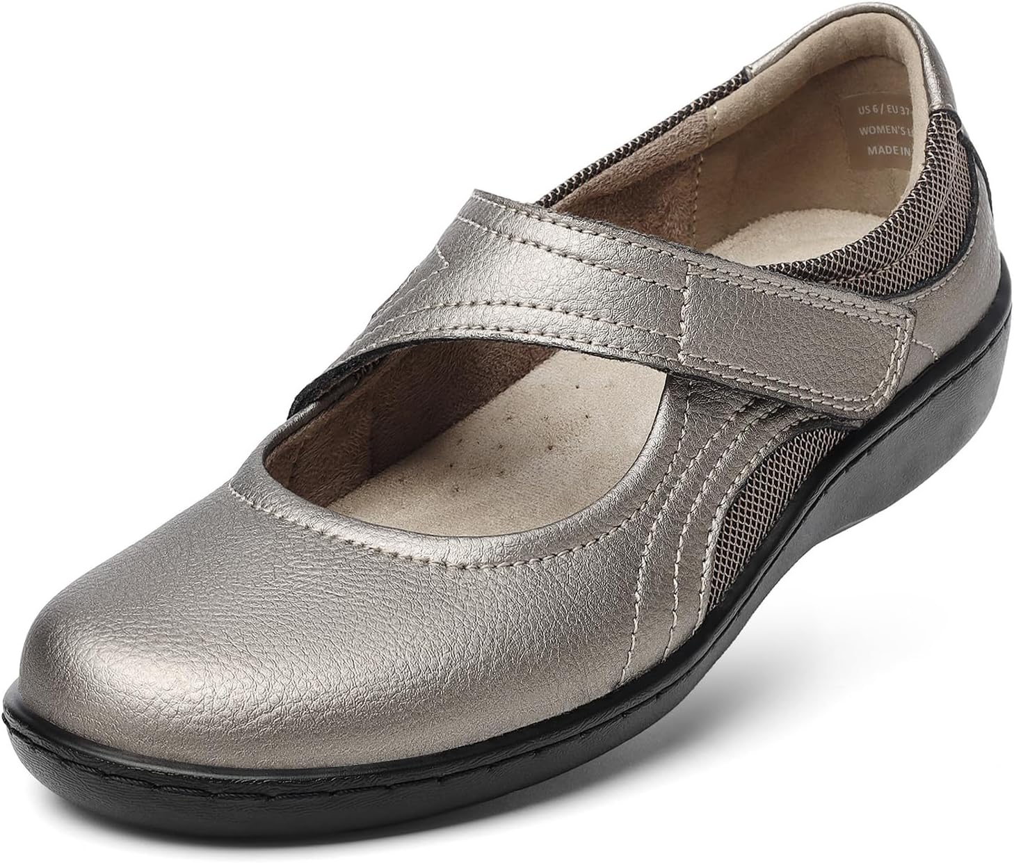 Oviaric women's classic Mary Jane flats in black with closed toe design and slip-on construction, shown from the side on a white background โ view 1