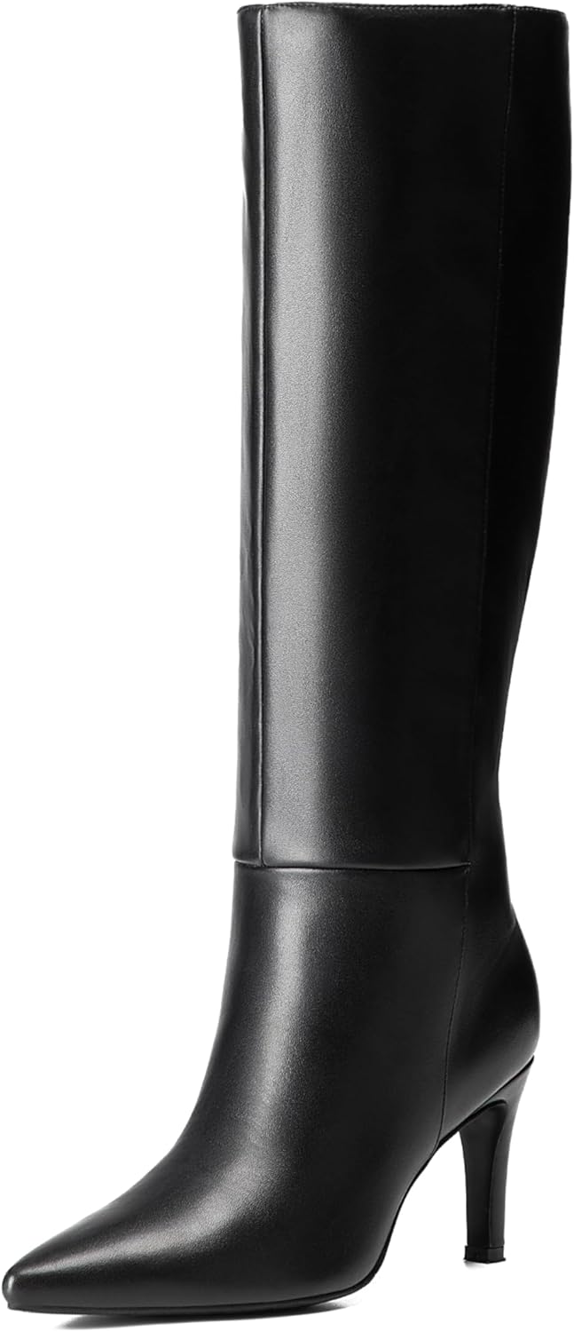 Neutral pointed toe stiletto knee high boots with side zipper and glam finish — front
