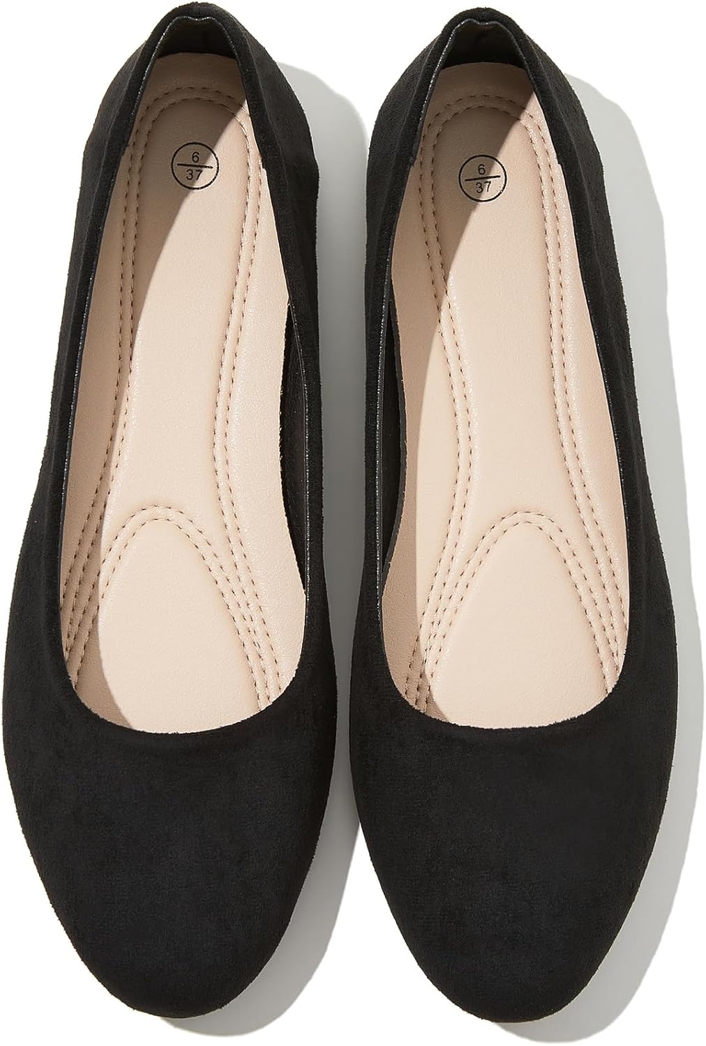 Shupua black round toe ballet flats for women displayed on a white background, showing the classic dressy flat shoe design with comfortable cushioning suitable for work and formal occasions — view 1