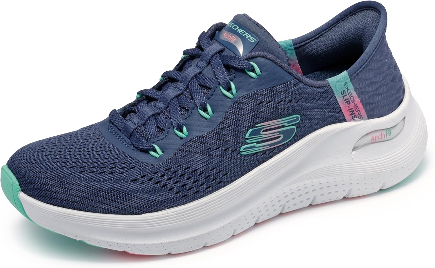 Skechers Women's Arch Fit 2.0 Easy Chic white and gray slip-on sneaker shown from the side, displaying minimalist design with arch support technology โ view 1