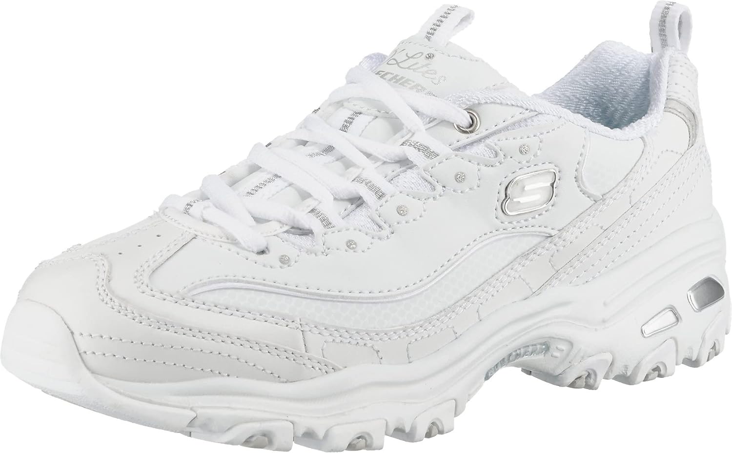 Skechers Women's D'Lites Fresh Start memory foam lace-up sneaker in white, featuring cushioned sole and sporty design for everyday comfort โ view 1