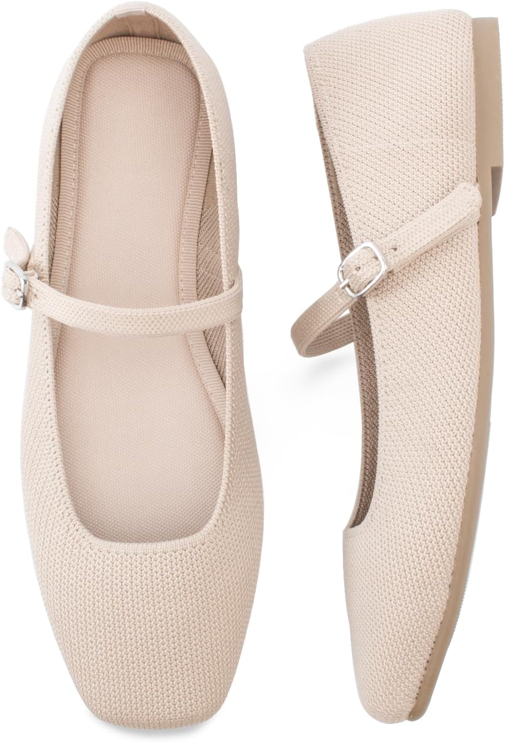 Soesyi knit flats in black with square toe design, ankle strap, and Mary Jane style silhouette on white background — view 1