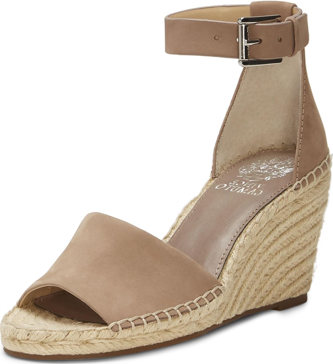 Vince Camuto Leera espadrille wedge sandal in natural linen with woven jute sole, displayed on white background โ view 1
