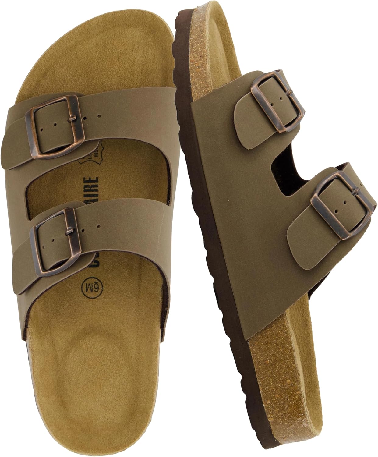 CUSHIONAIRE Lane cork footbed womens sandals in tan with double buckle straps and arch support, displayed from the side โ view 1
