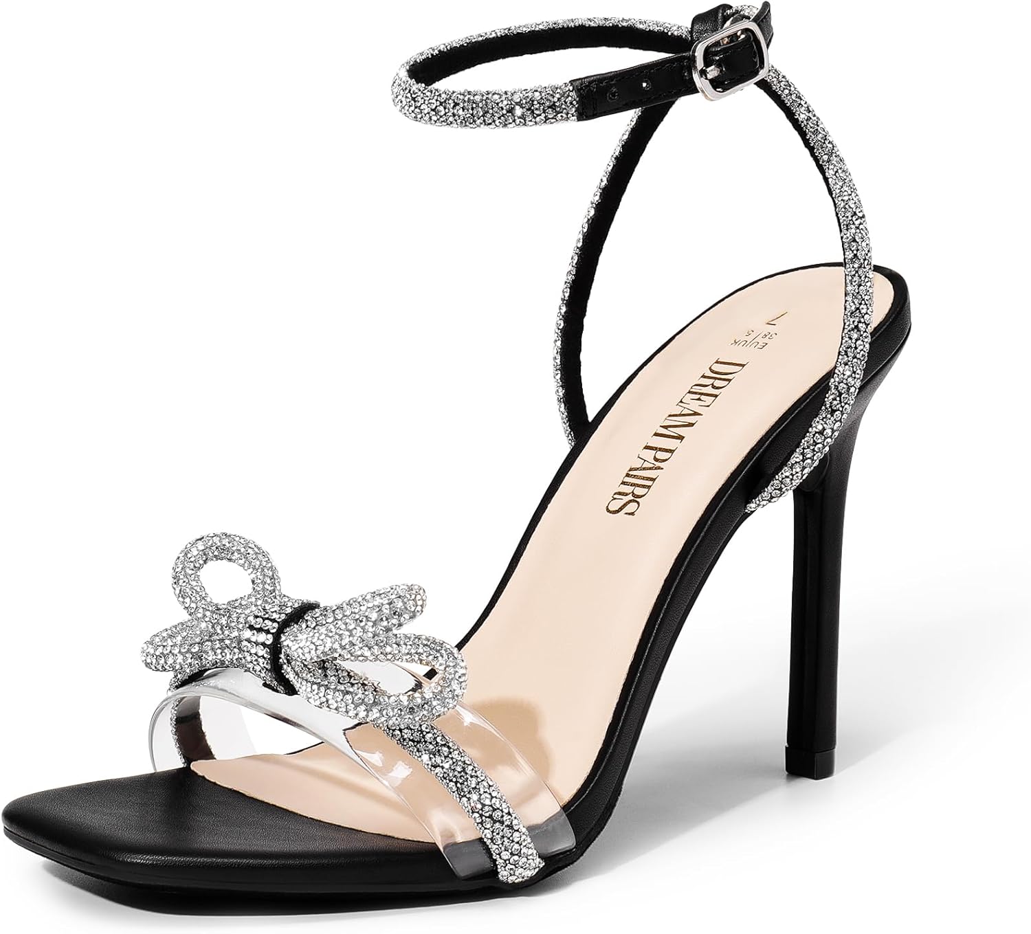 DREAM PAIRS women's clear crystal bowknot slingback heels with square toe, featuring sparkling rhinestone details in transparent material for party and wedding wear โ view 1