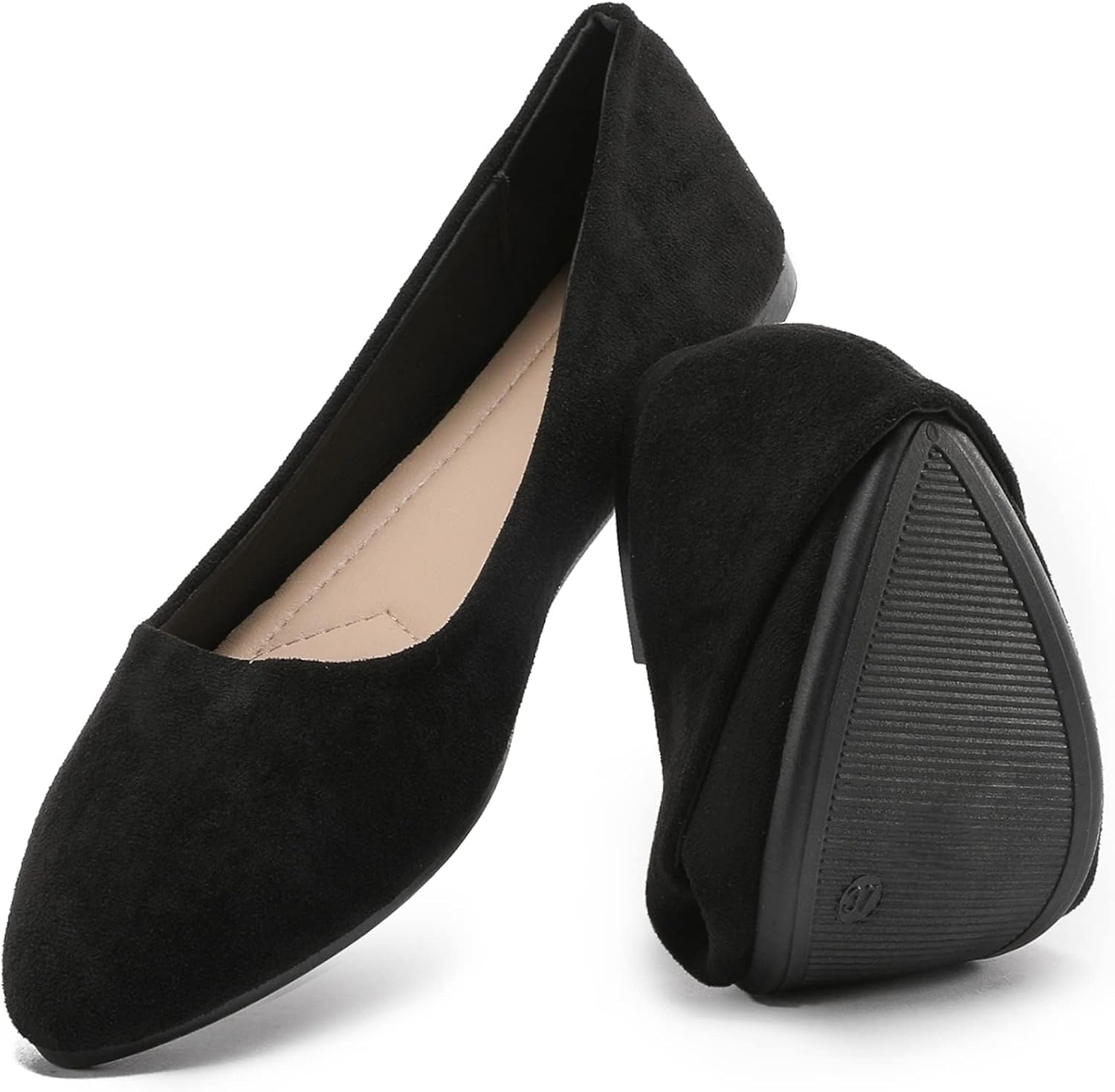 HEAWISH women's black suede pointed toe slip-on ballet flats with comfortable cushioned footbed, displayed against a clean white background โ view 1