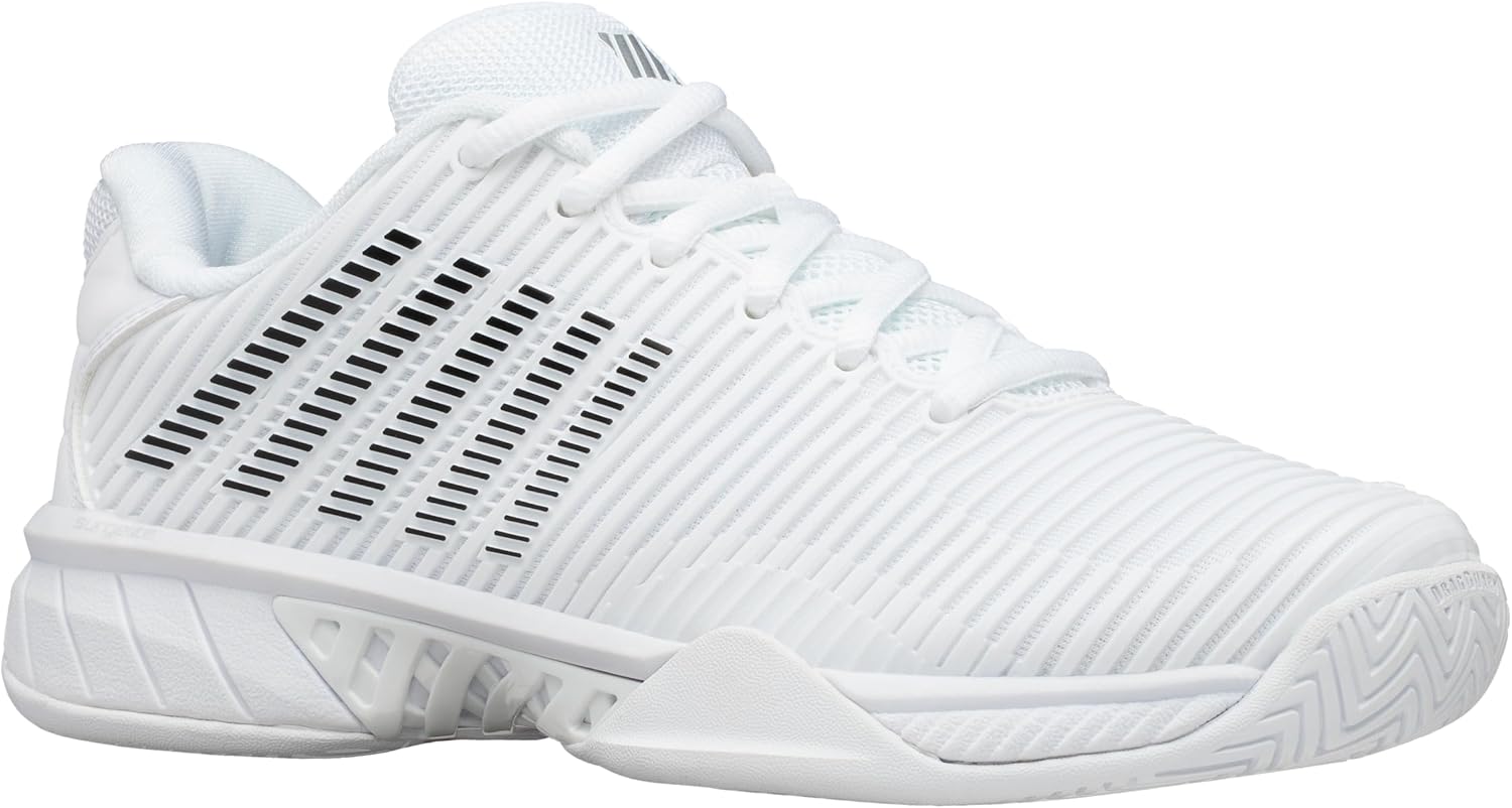 K-Swiss Women's Hypercourt Express 2 tennis shoe in white and teal colorway, designed for court performance and athletic agility โ view 2