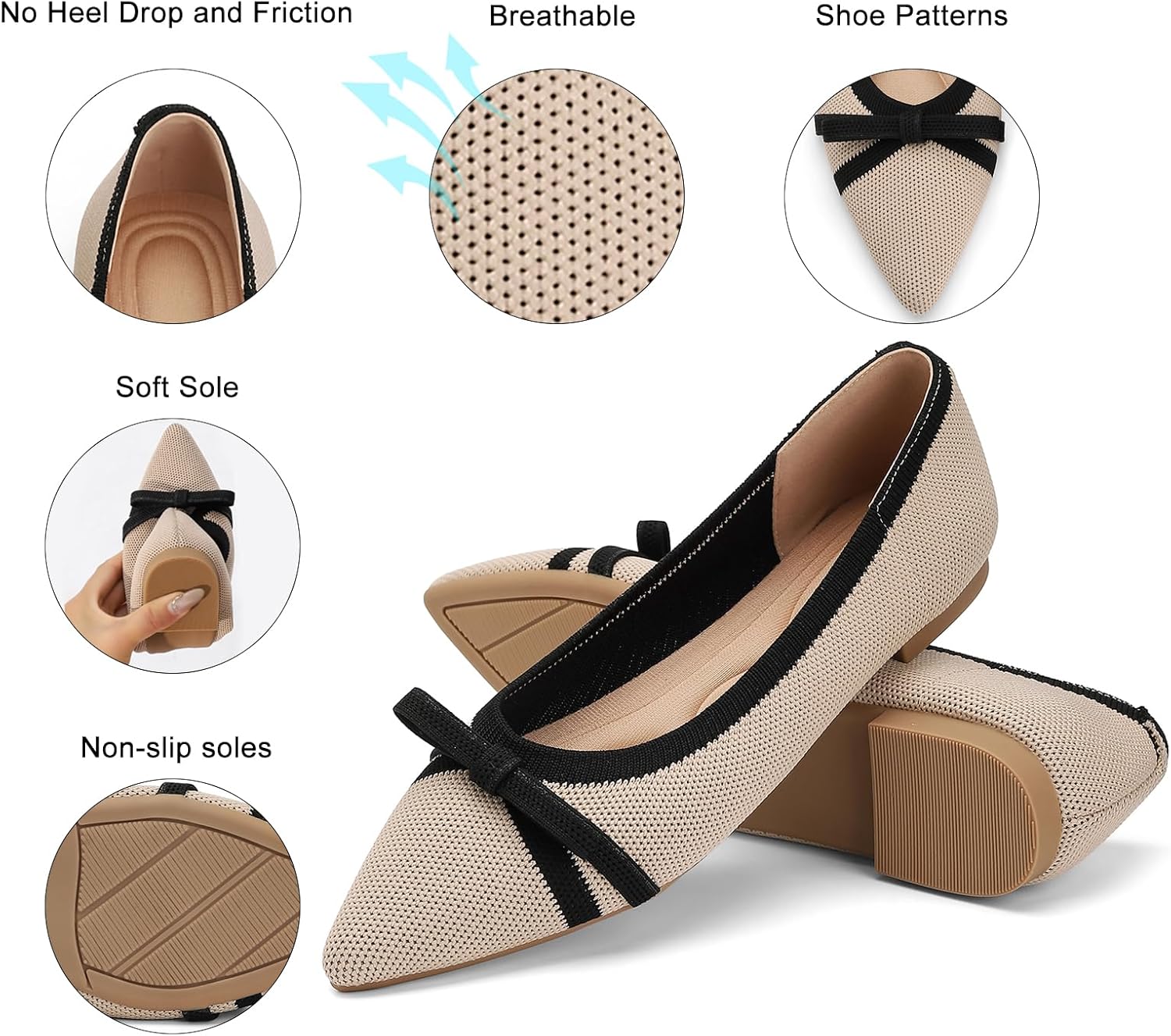 Oexuios black pointed toe knit foldable ballet flat shown from the side, featuring a minimalist design and flexible construction for casual office wear โ view 2