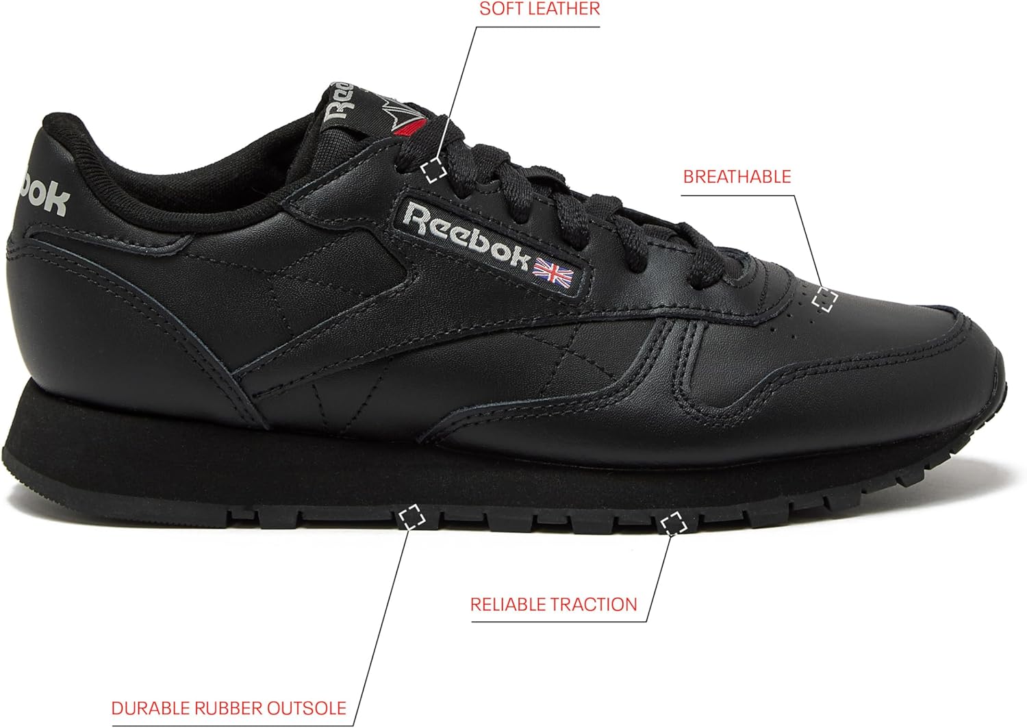 Reebok Classic Leather black sneaker for women displayed on white background, showcasing the iconic tennis shoe silhouette available in women's sizes 5 through 11 โ view 2