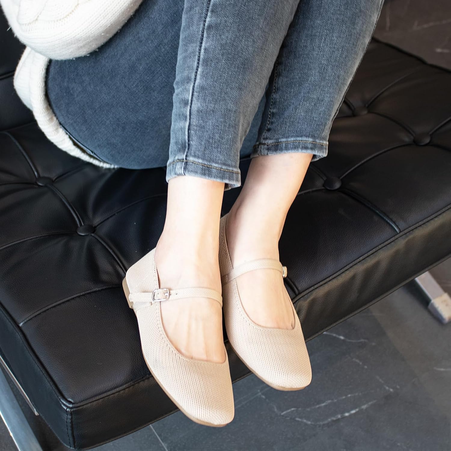 Soesyi knit flats in black with square toe design, ankle strap, and Mary Jane style silhouette on white background — view 2