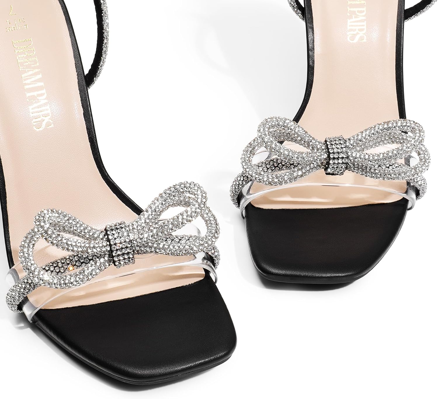 DREAM PAIRS women's clear crystal bowknot slingback heels with square toe, featuring sparkling rhinestone details in transparent material for party and wedding wear โ view 2