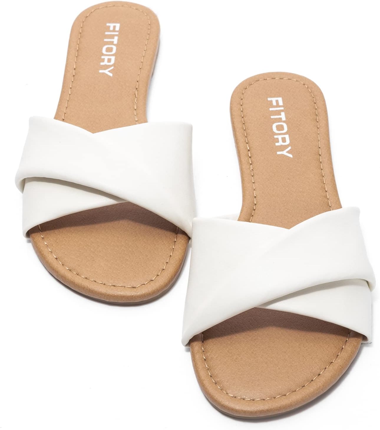 FITORY women's flat sandals in soft tan leather with cushioned slide design, perfect for summer comfort and casual wear โ view 2