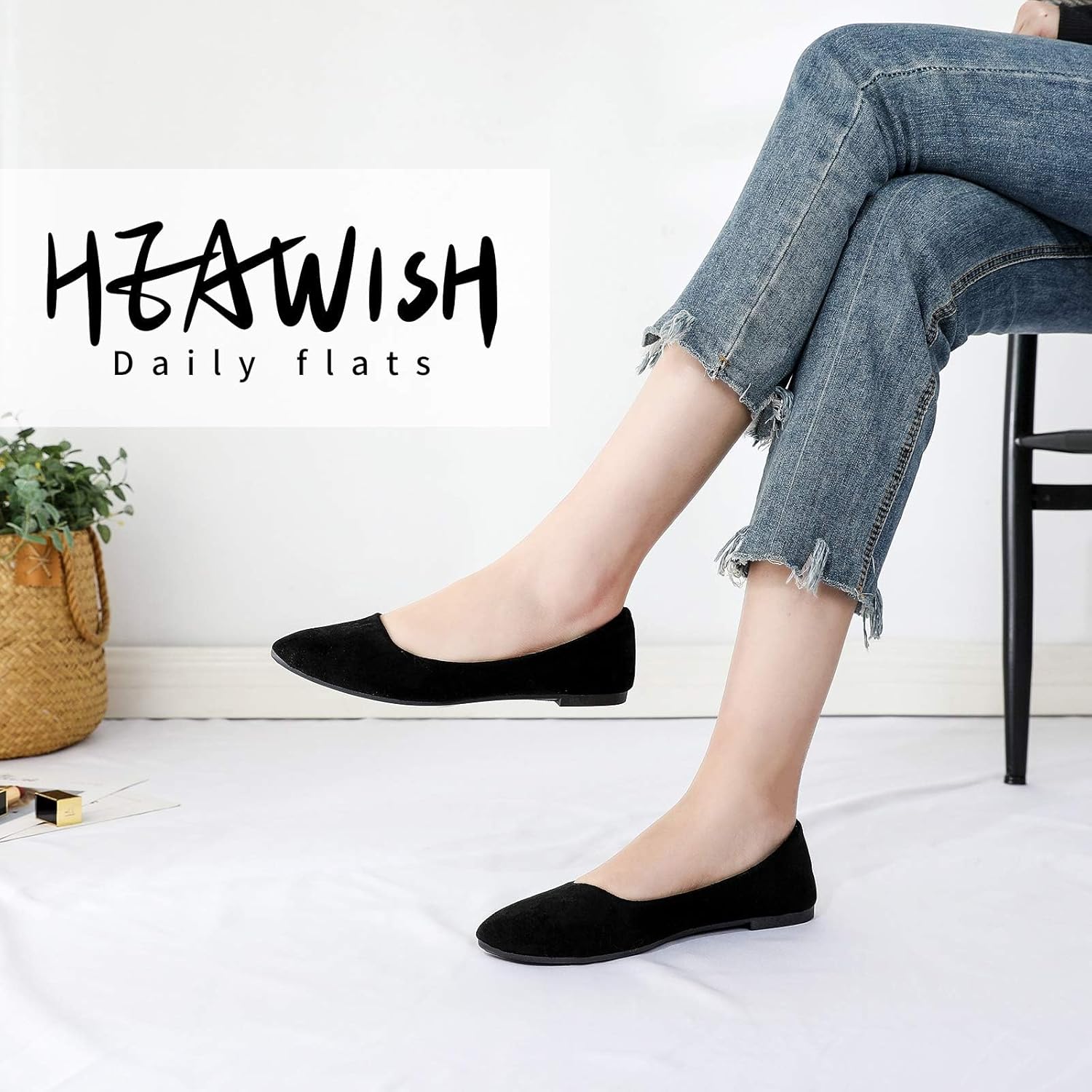 HEAWISH women's black suede pointed toe slip-on ballet flats with comfortable cushioned footbed, displayed against a clean white background โ view 2