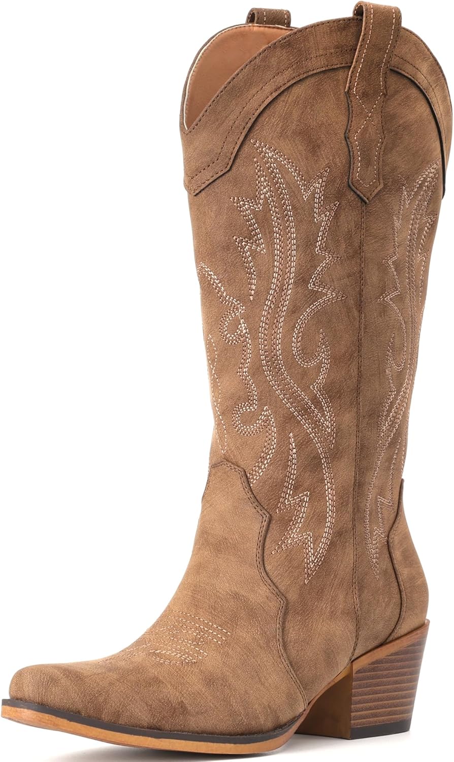 IUV black leather cowboy boots for women with chunky heel and mid-calf snip toe design, shown from the side — view 3