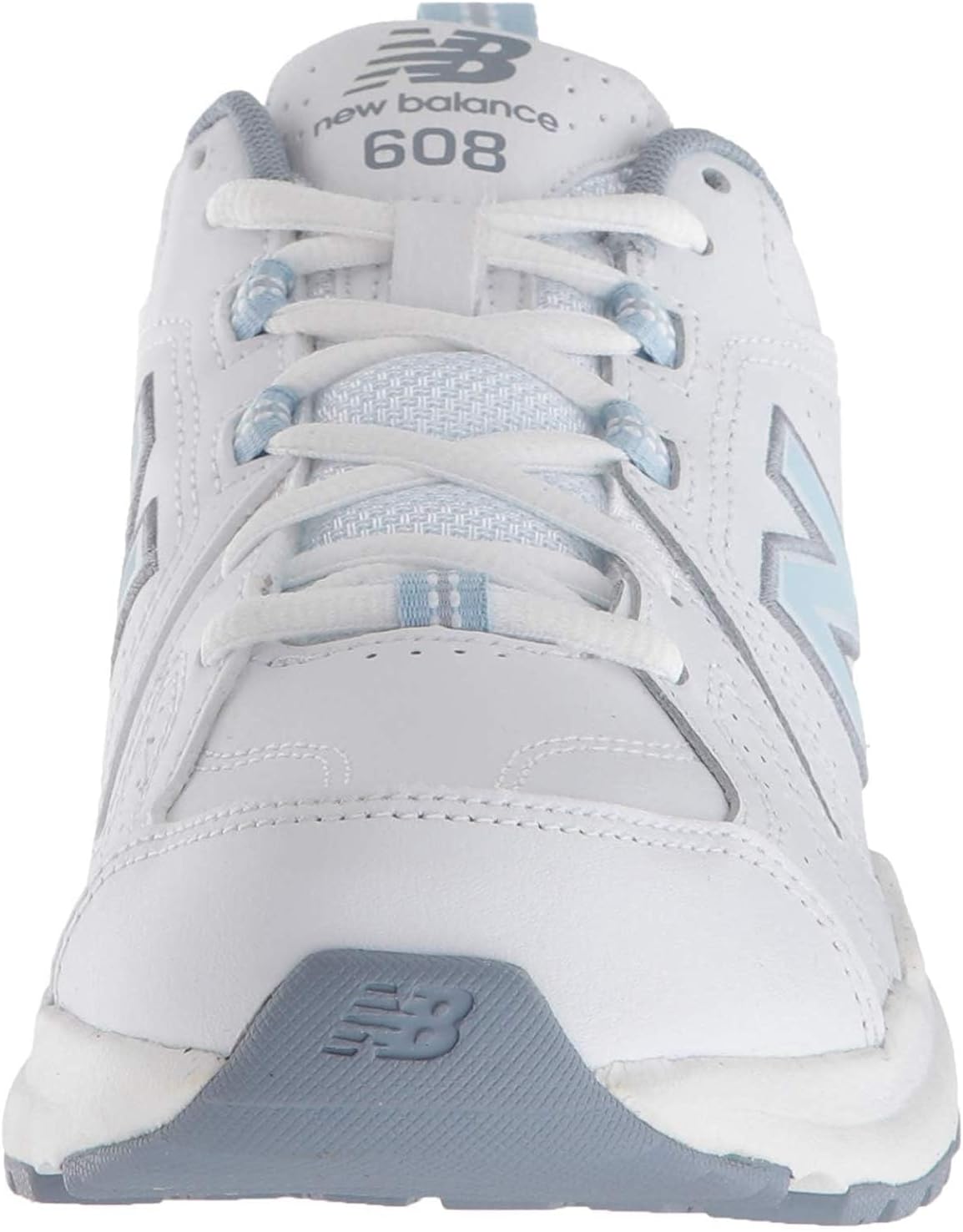 New Balance Women's 608 V5 casual comfort cross trainer in white with navy accents, featuring cushioned midsole and supportive design — view 3