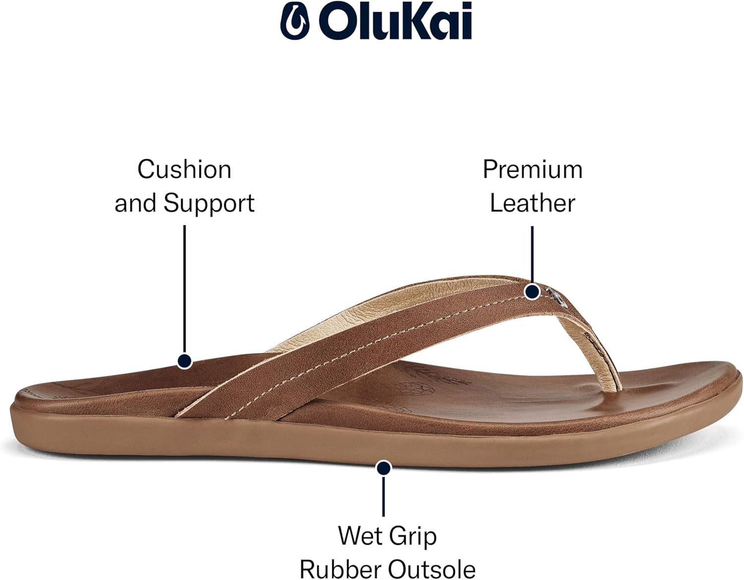 OLUKAI Honu women's beach sandal in tan full-grain leather, featuring a soft slip-on design with cushioned footbed for all-day comfort — view 3