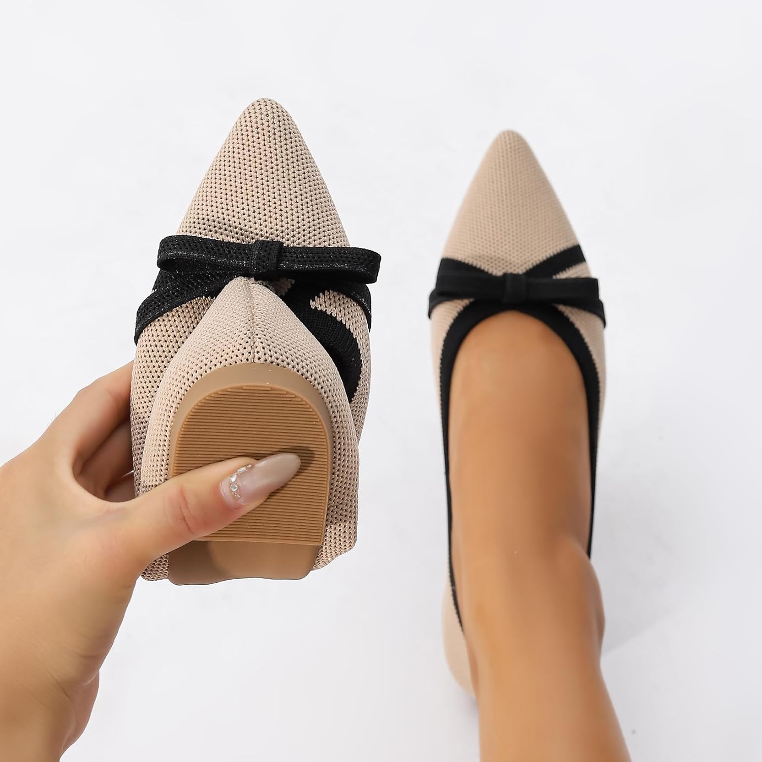 Oexuios black pointed toe knit foldable ballet flat shown from the side, featuring a minimalist design and flexible construction for casual office wear โ view 3