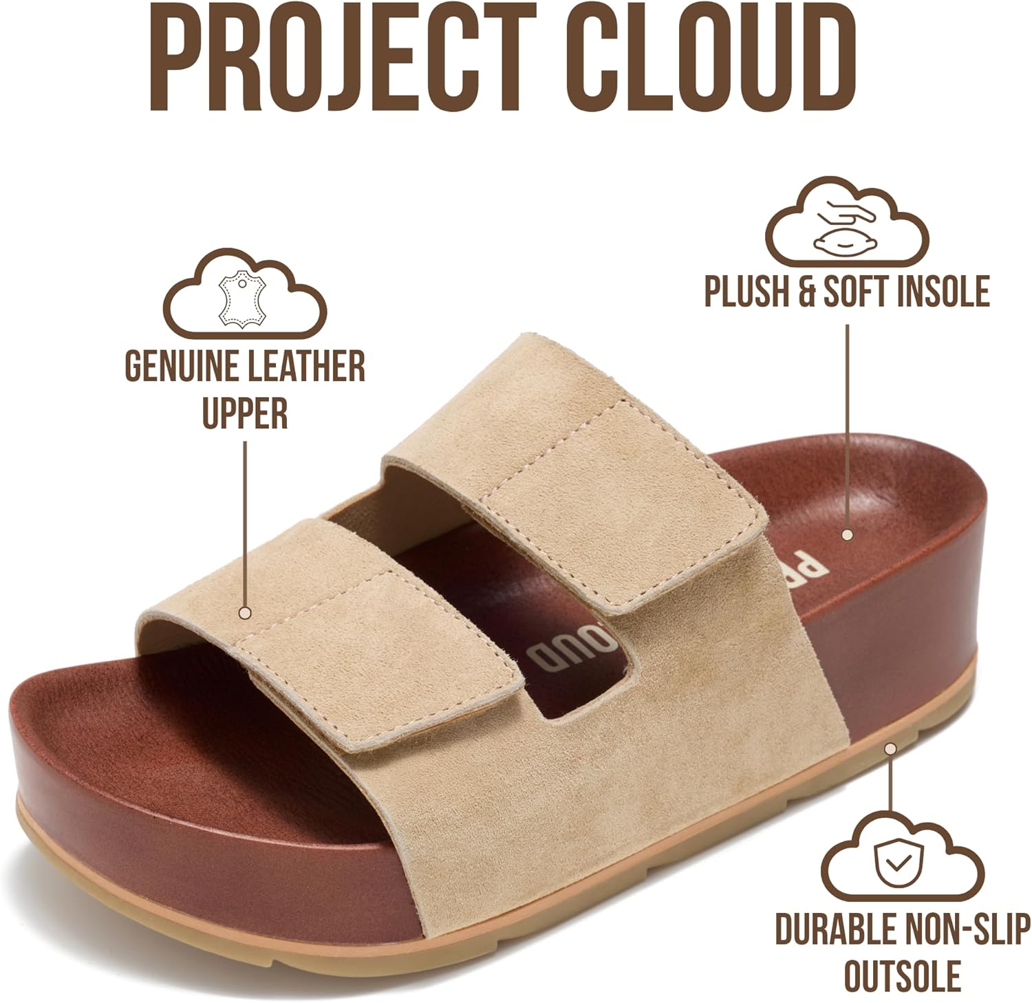 Project Cloud black genuine leather platform wedge sandals for women with plush soft insole and non-slip sole, displayed on a white background โ view 3