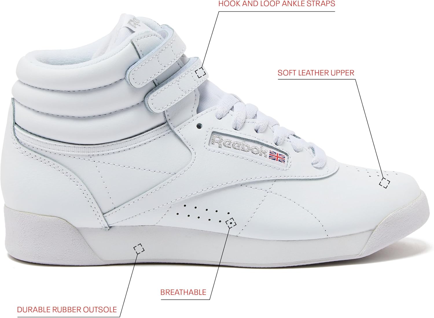 Reebok Women's Freestyle Hi high-top basketball sneaker in white and black colorway, showcasing classic retro silhouette with padded ankle collar and rubber sole โ view 3