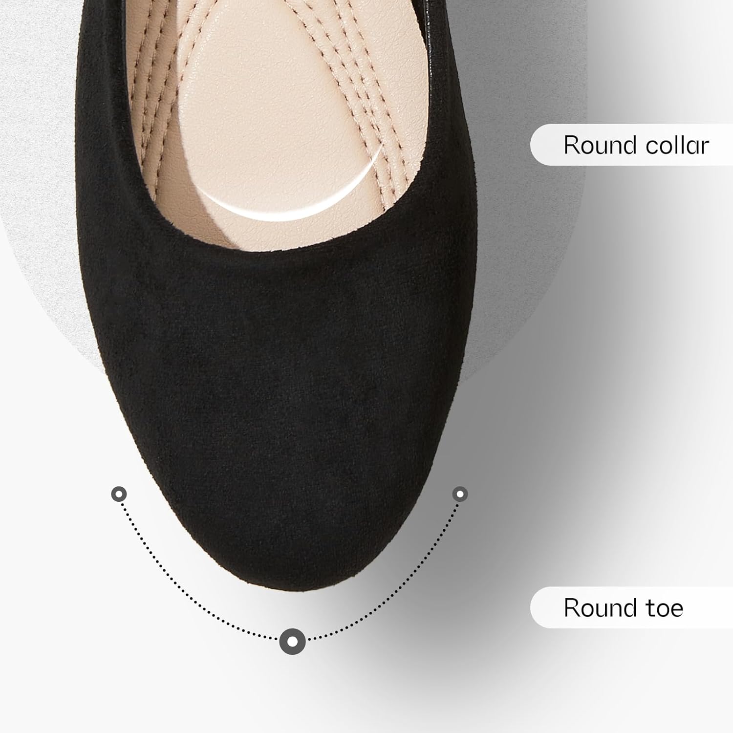 Shupua black round toe ballet flats for women displayed on a white background, showing the classic dressy flat shoe design with comfortable cushioning suitable for work and formal occasions — view 3
