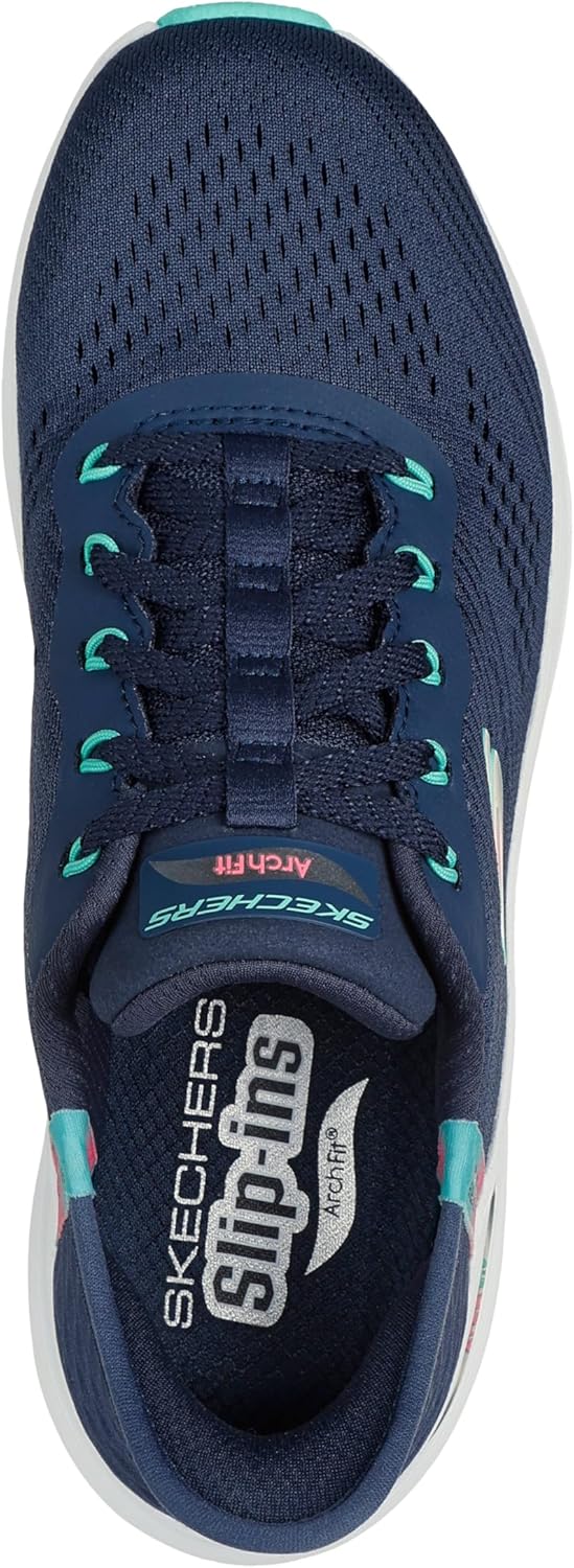 Skechers Women's Arch Fit 2.0 Easy Chic white and gray slip-on sneaker shown from the side, displaying minimalist design with arch support technology โ view 3