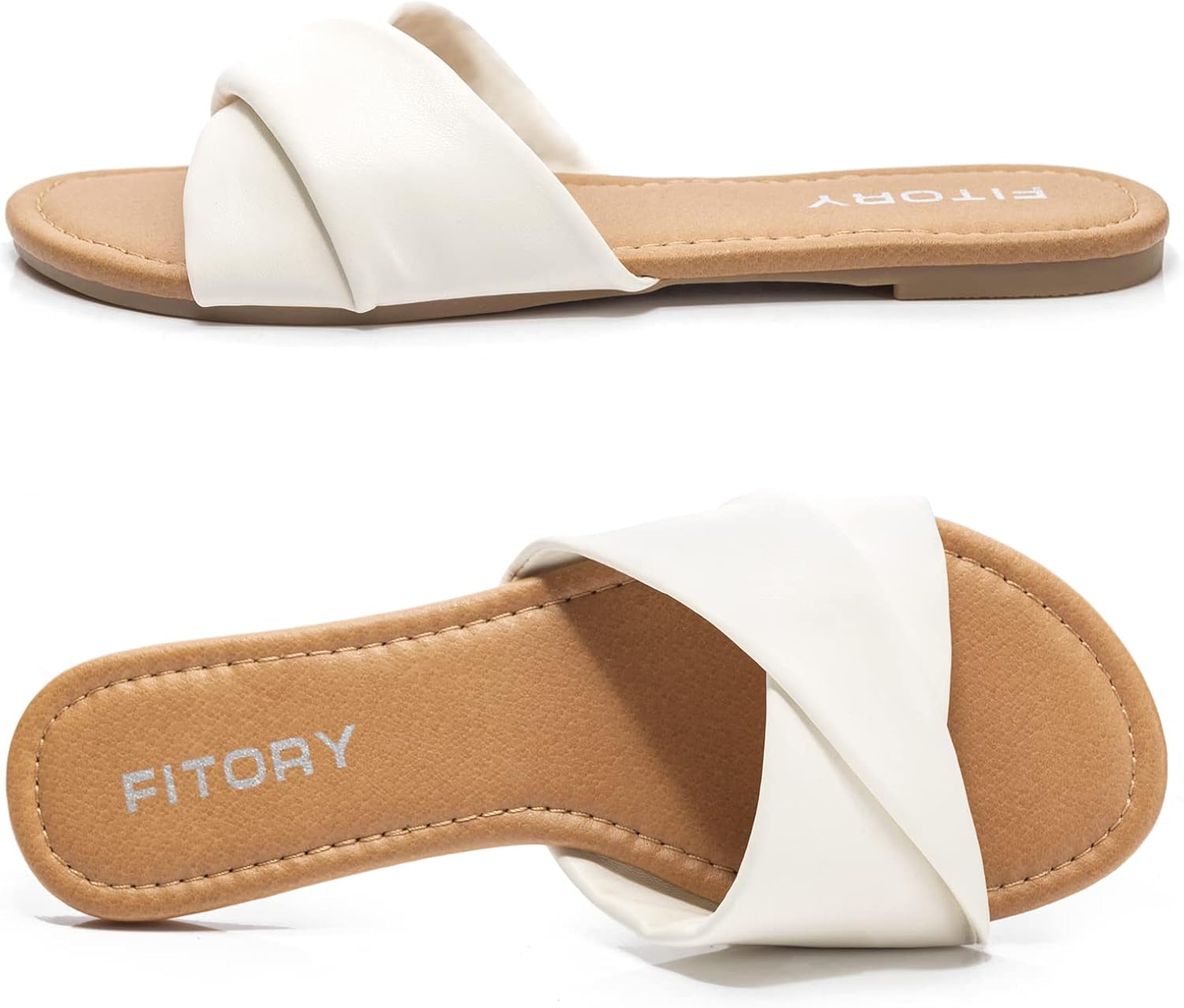 FITORY women's flat sandals in soft tan leather with cushioned slide design, perfect for summer comfort and casual wear โ view 3