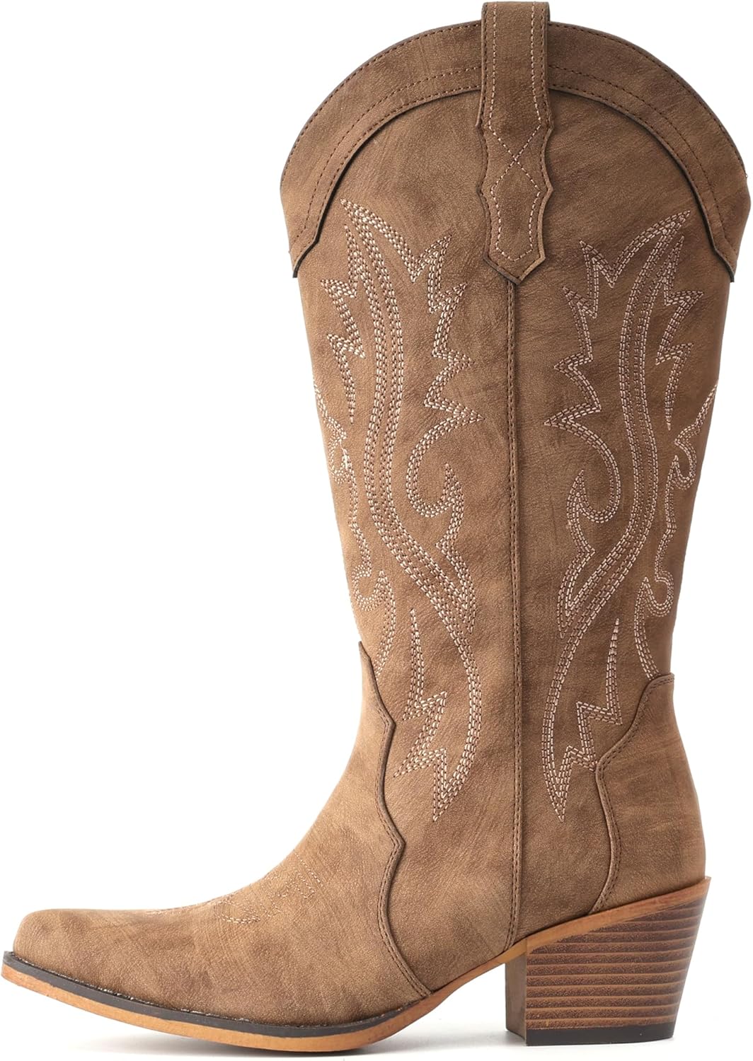 IUV black leather cowboy boots for women with chunky heel and mid-calf snip toe design, shown from the side — view 4