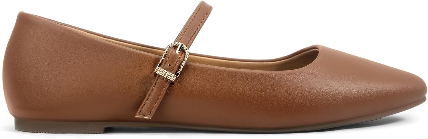 Lookyno women's black ballet Mary Jane flats with adjustable strap and square closed toe on white background — view 4