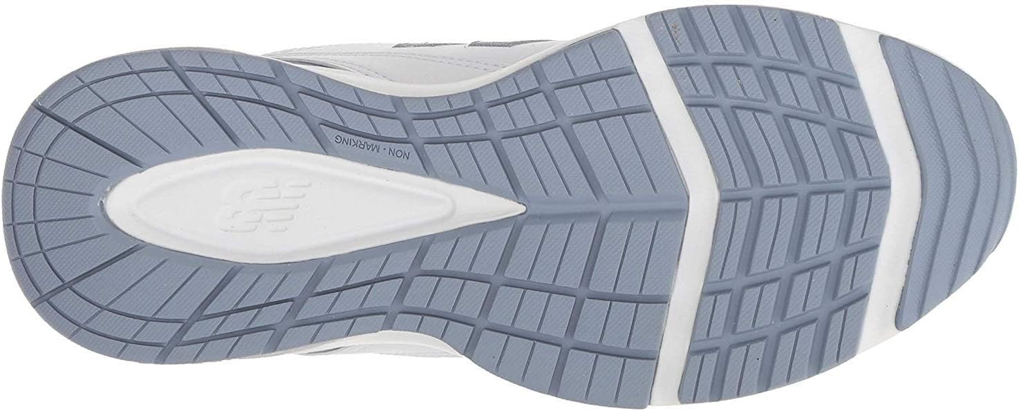 New Balance Women's 608 V5 casual comfort cross trainer in white with navy accents, featuring cushioned midsole and supportive design — view 4