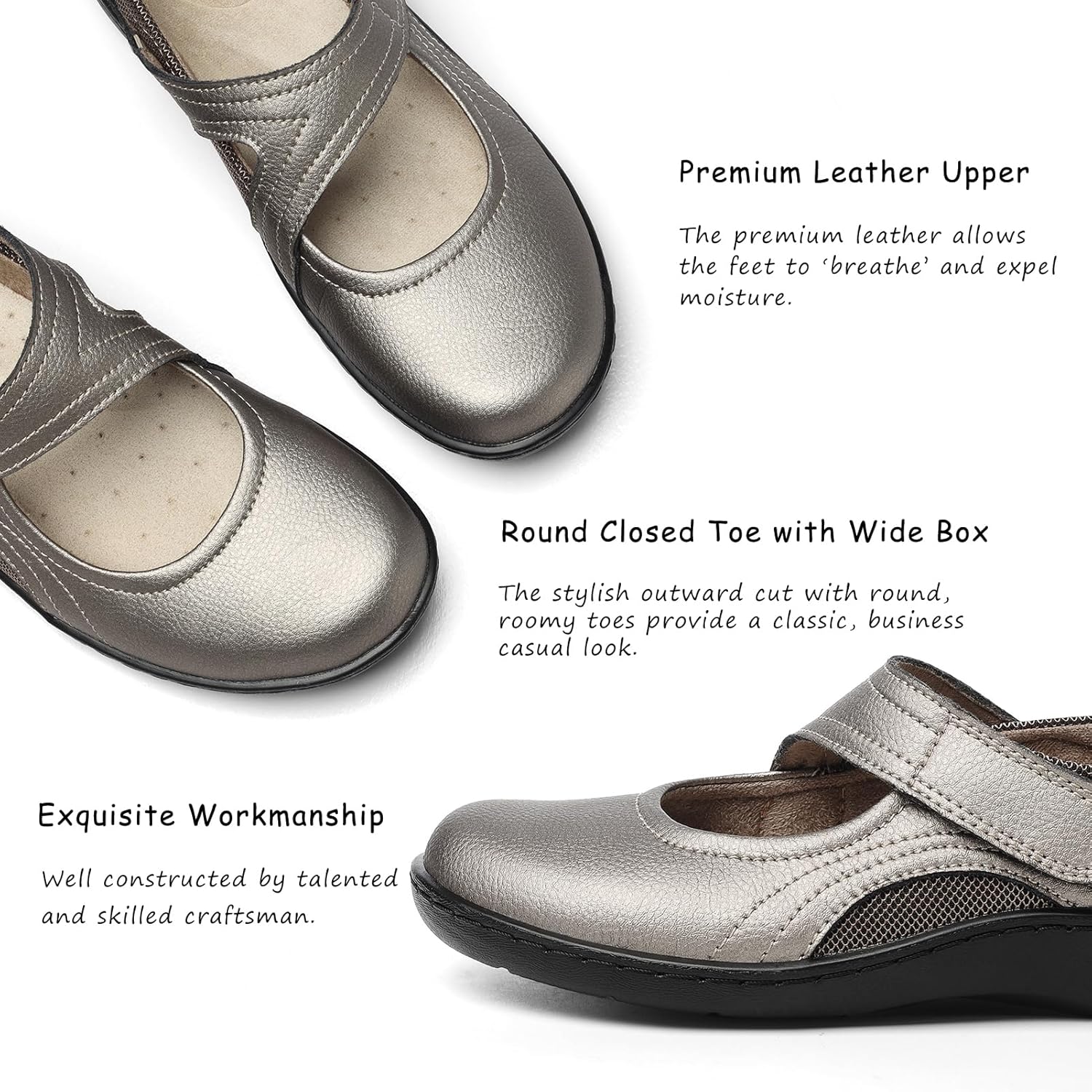 Oviaric women's classic Mary Jane flats in black with closed toe design and slip-on construction, shown from the side on a white background โ view 4
