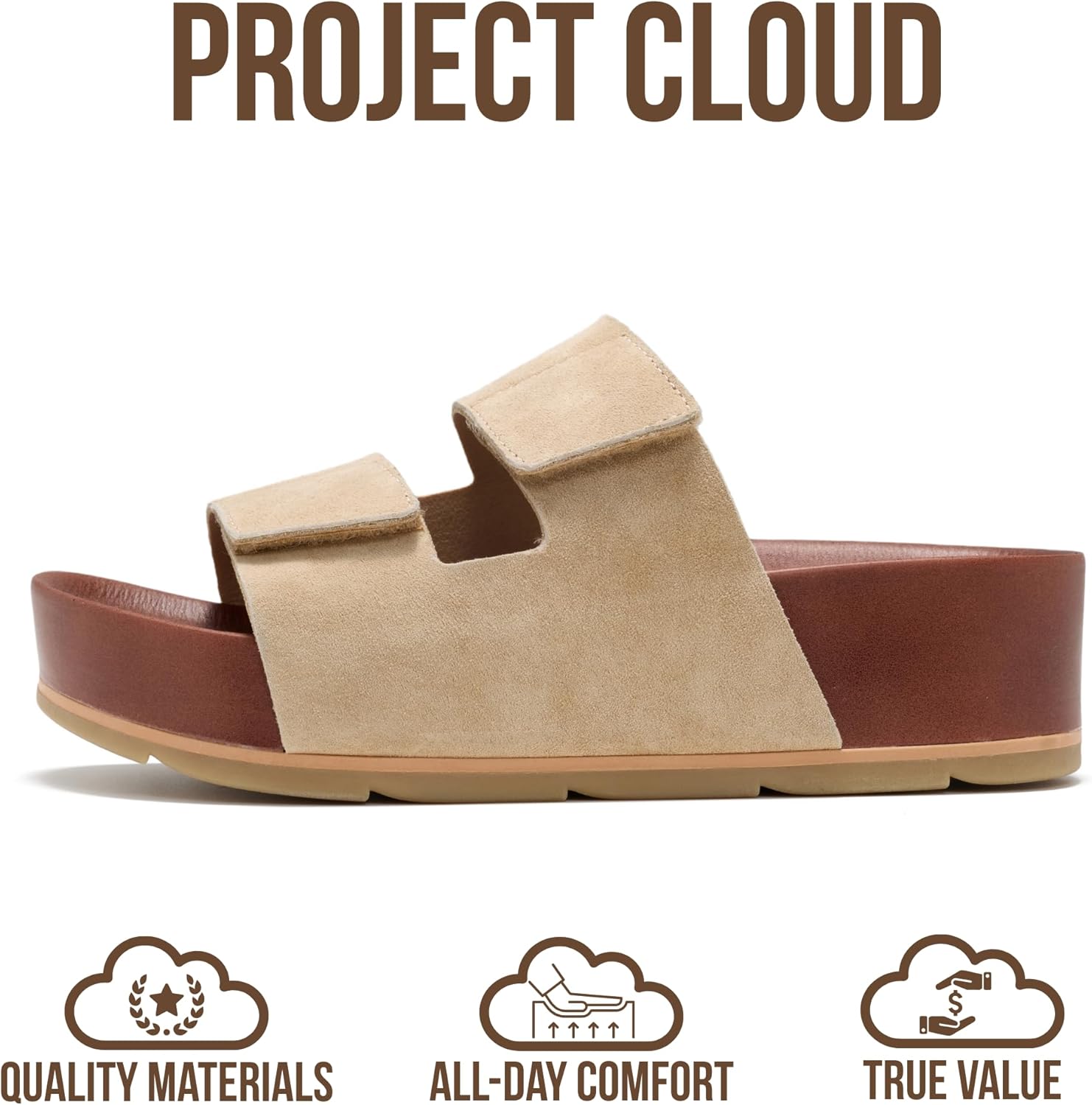Project Cloud black genuine leather platform wedge sandals for women with plush soft insole and non-slip sole, displayed on a white background โ view 4