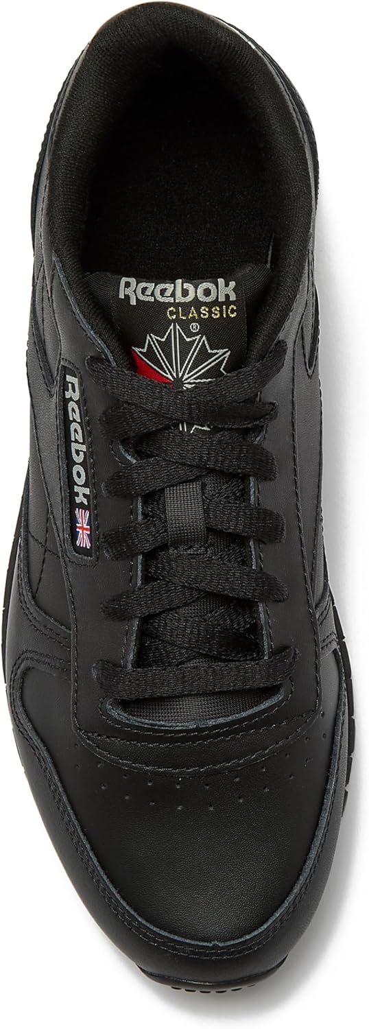 Reebok Classic Leather black sneaker for women displayed on white background, showcasing the iconic tennis shoe silhouette available in women's sizes 5 through 11 โ view 4