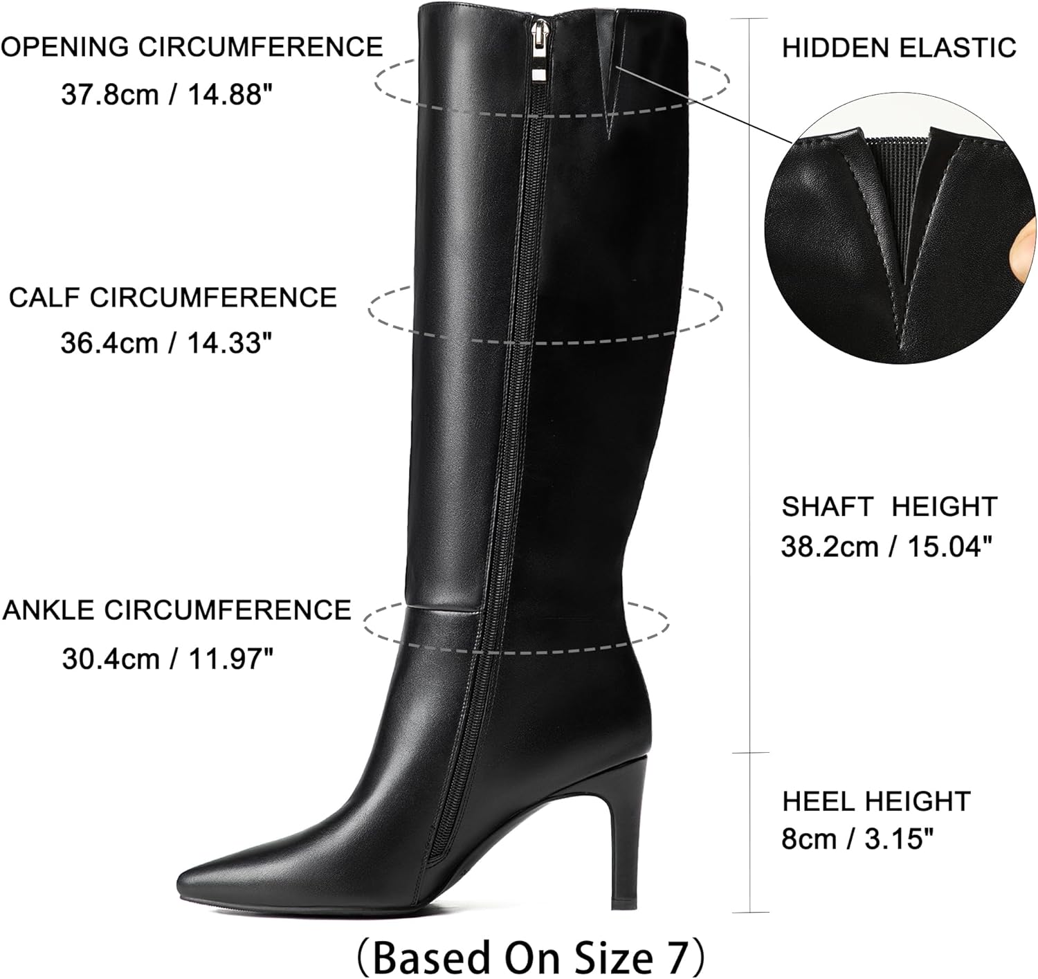 Neutral pointed toe stiletto knee high boots with side zipper and glam finish — detail
