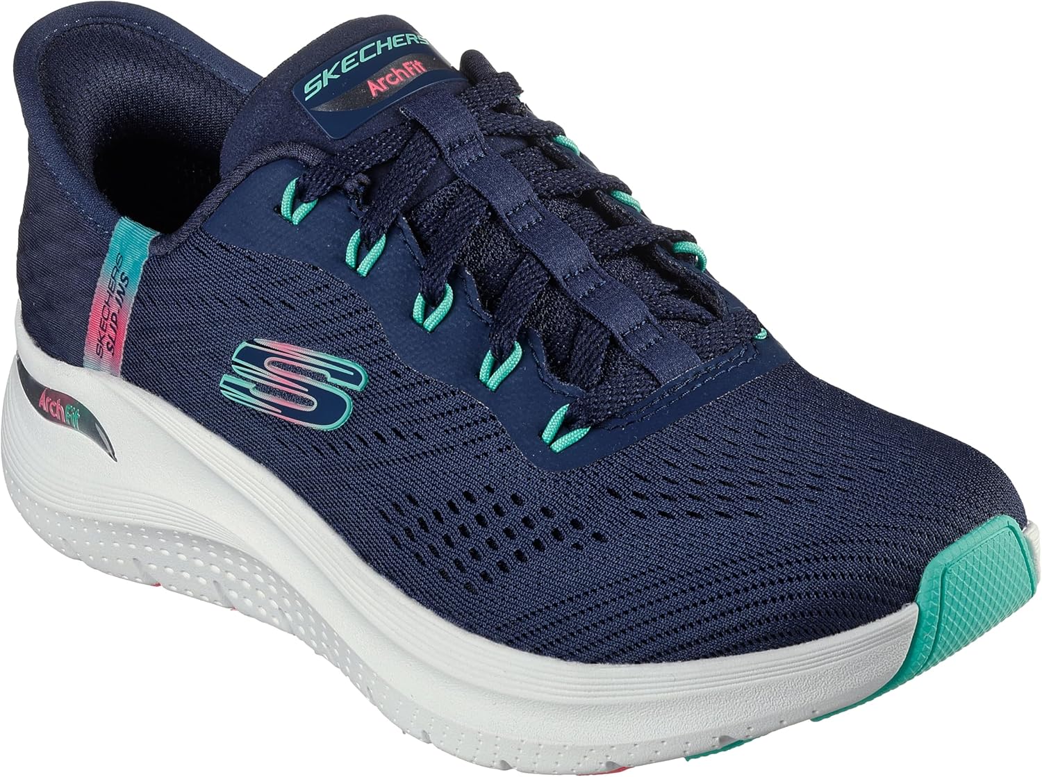 Skechers Women's Arch Fit 2.0 Easy Chic white and gray slip-on sneaker shown from the side, displaying minimalist design with arch support technology โ view 4