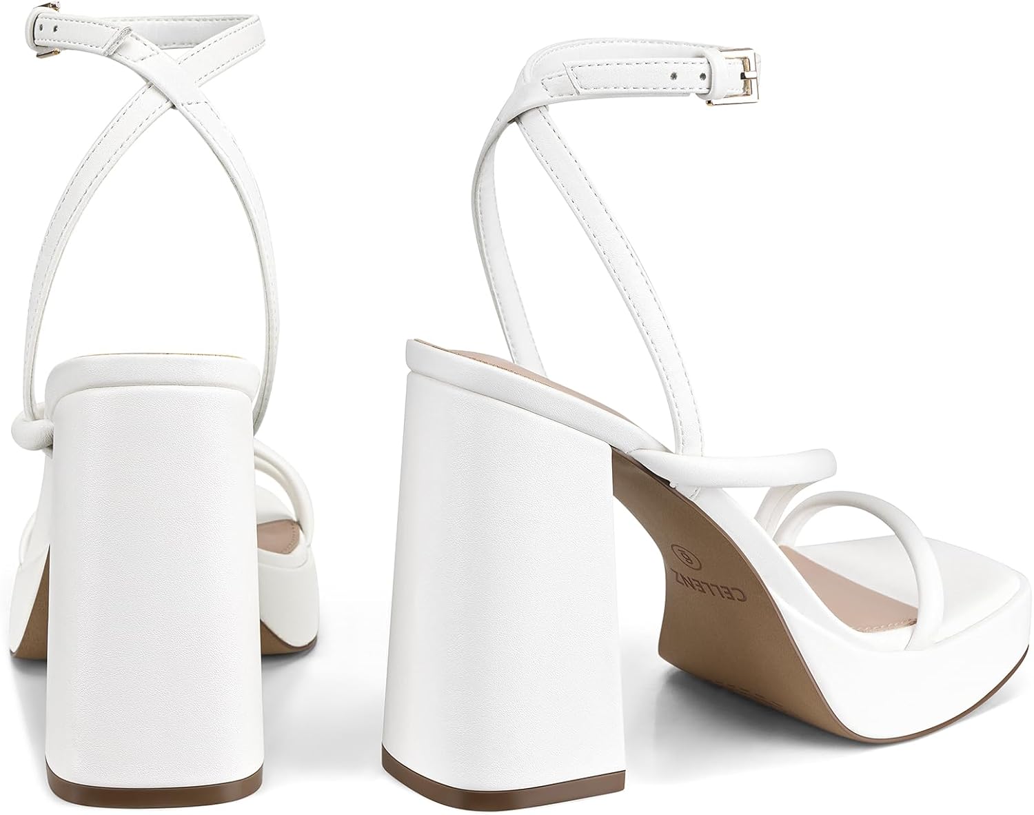CELLENZ white and gold open toe chunky platform heels with 4.5-inch strappy design and square toe for women โ view 4