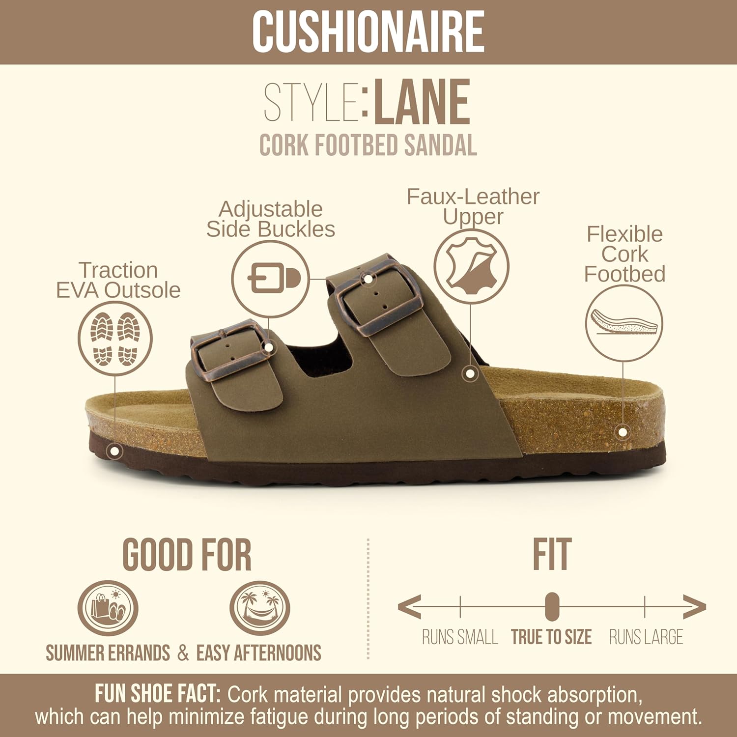 CUSHIONAIRE Lane cork footbed womens sandals in tan with double buckle straps and arch support, displayed from the side โ view 4