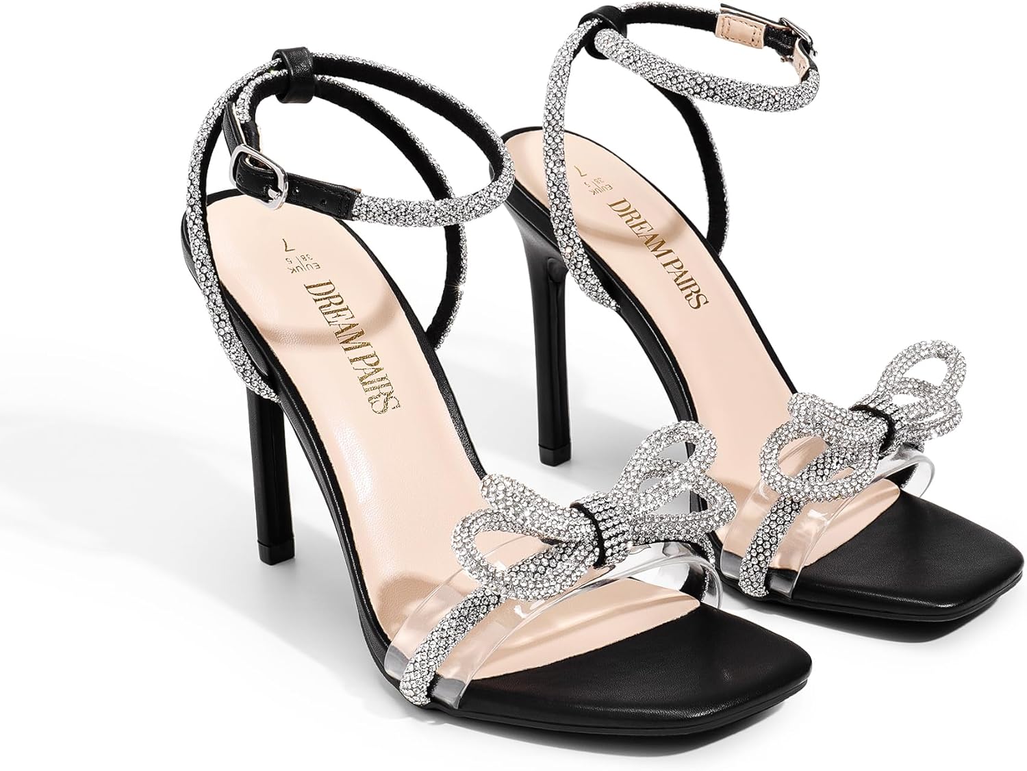 DREAM PAIRS women's clear crystal bowknot slingback heels with square toe, featuring sparkling rhinestone details in transparent material for party and wedding wear โ view 4