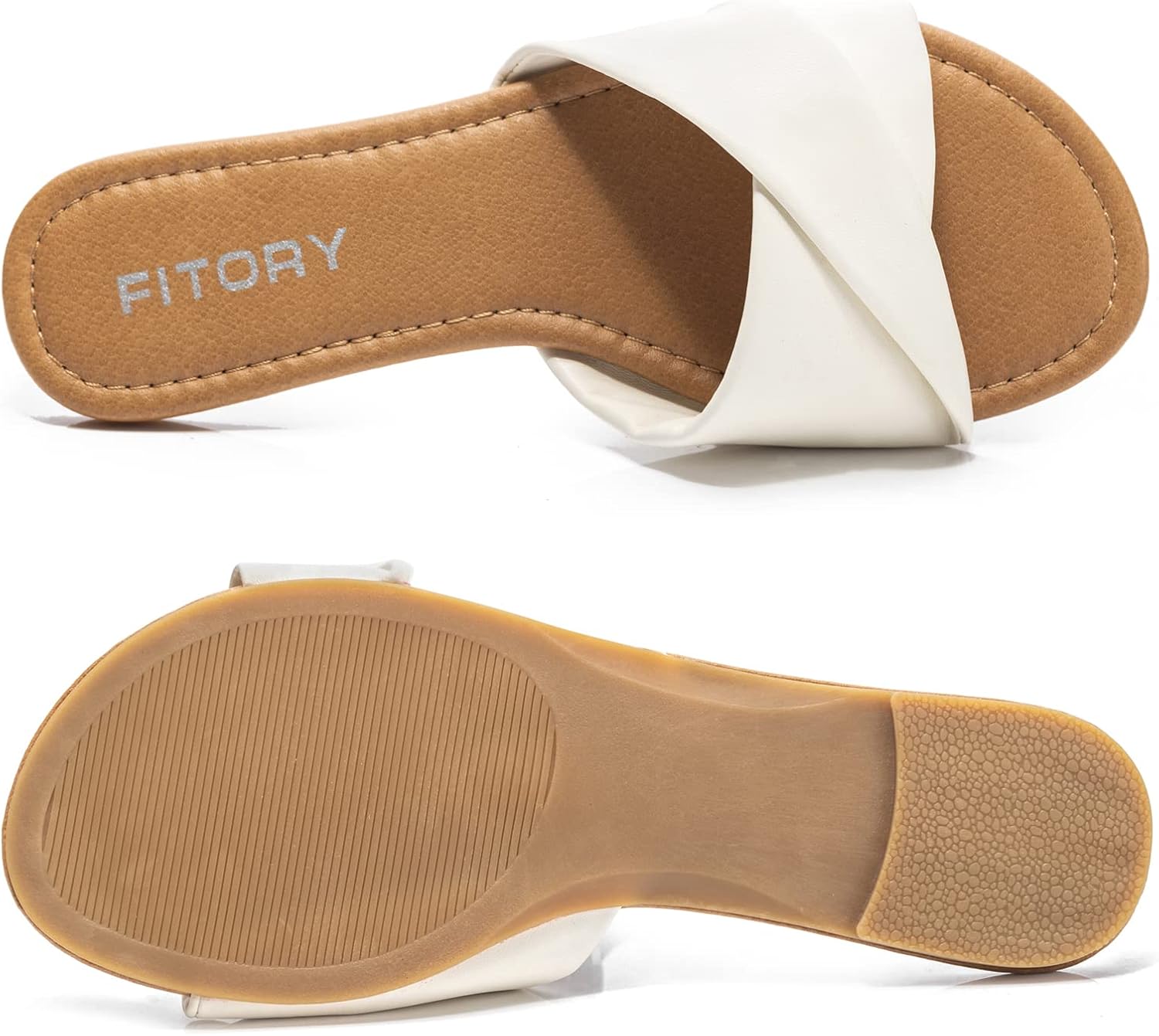 FITORY women's flat sandals in soft tan leather with cushioned slide design, perfect for summer comfort and casual wear โ view 4