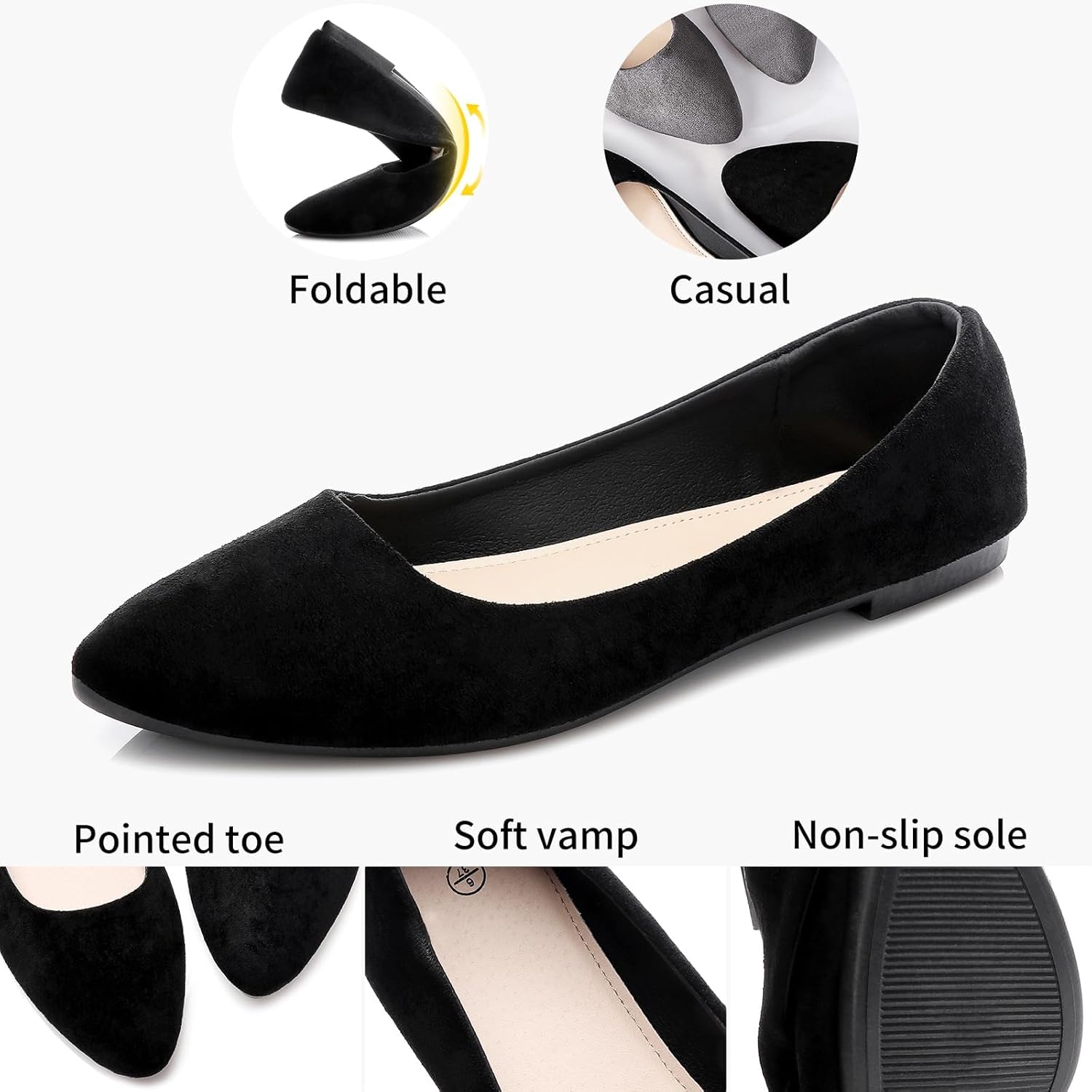 HEAWISH women's black suede pointed toe slip-on ballet flats with comfortable cushioned footbed, displayed against a clean white background โ view 4