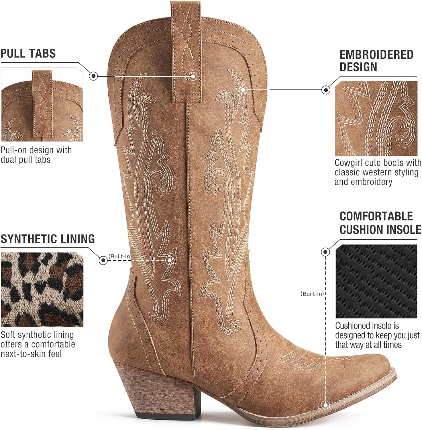 HISEA Rollda women's cowboy boots in rich brown leather with pointed toe and decorative stitched embroidery detailing, displayed against a neutral background โ view 2