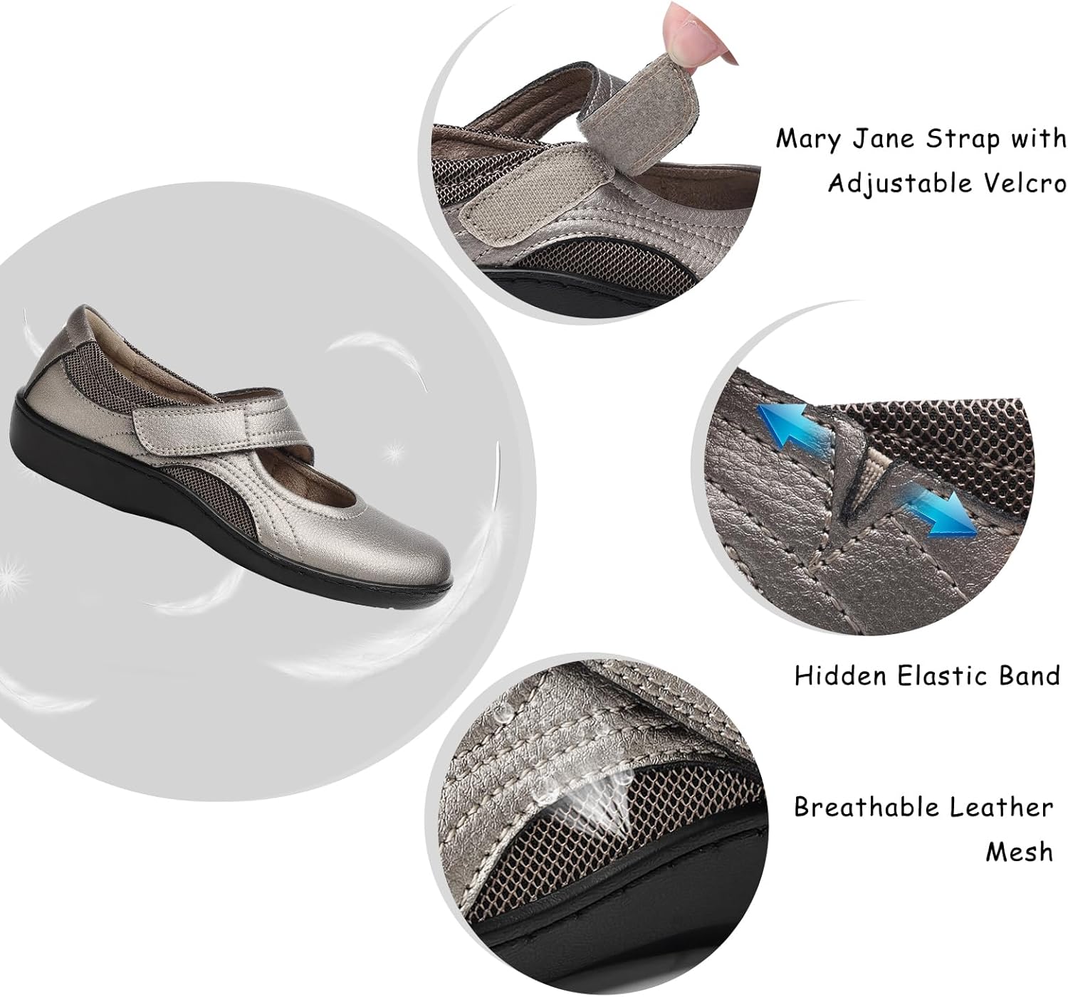 Oviaric women's classic Mary Jane flats in black with closed toe design and slip-on construction, shown from the side on a white background โ view 2
