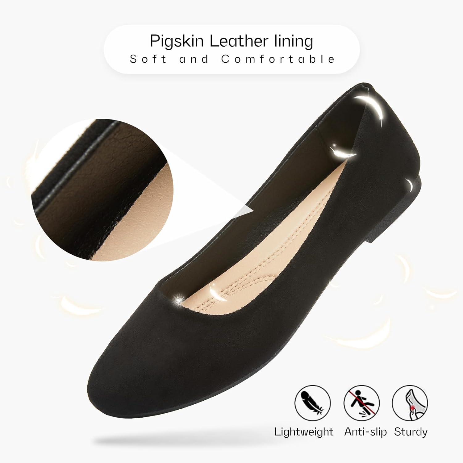 Shupua black round toe ballet flats for women displayed on a white background, showing the classic dressy flat shoe design with comfortable cushioning suitable for work and formal occasions — view 2