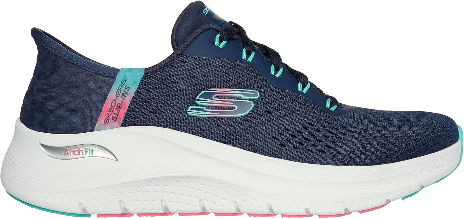 Skechers Women's Arch Fit 2.0 Easy Chic white and gray slip-on sneaker shown from the side, displaying minimalist design with arch support technology โ view 2