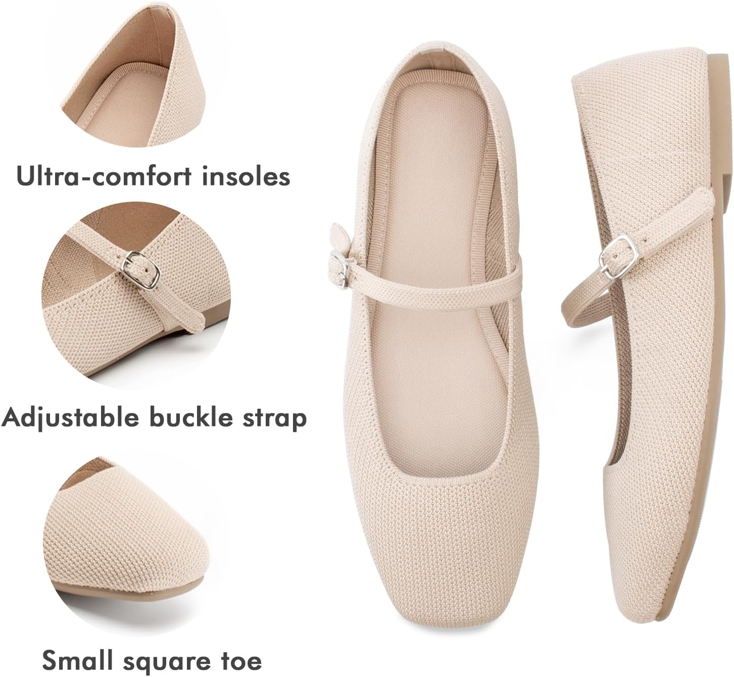 Soesyi knit flats in black with square toe design, ankle strap, and Mary Jane style silhouette on white background — view 2