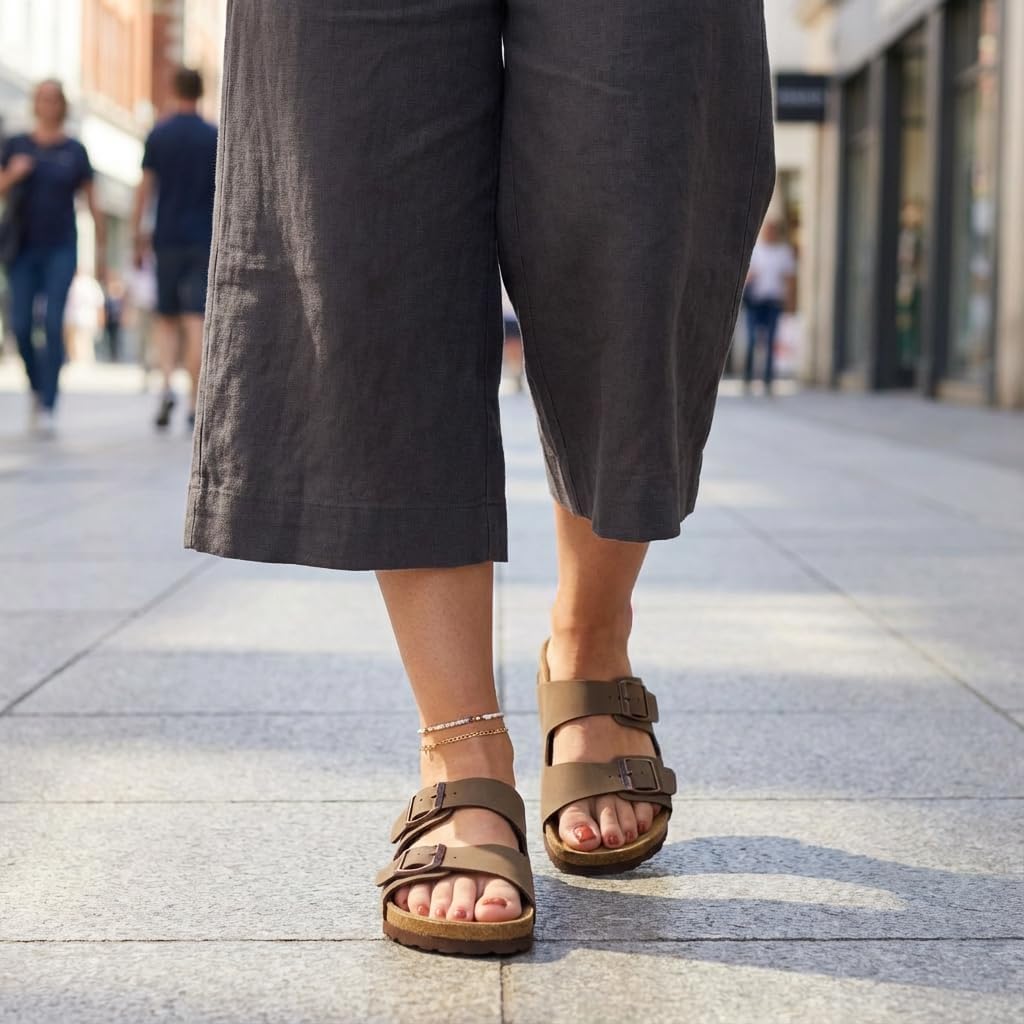 CUSHIONAIRE Lane cork footbed womens sandals in tan with double buckle straps and arch support, displayed from the side โ view 2
