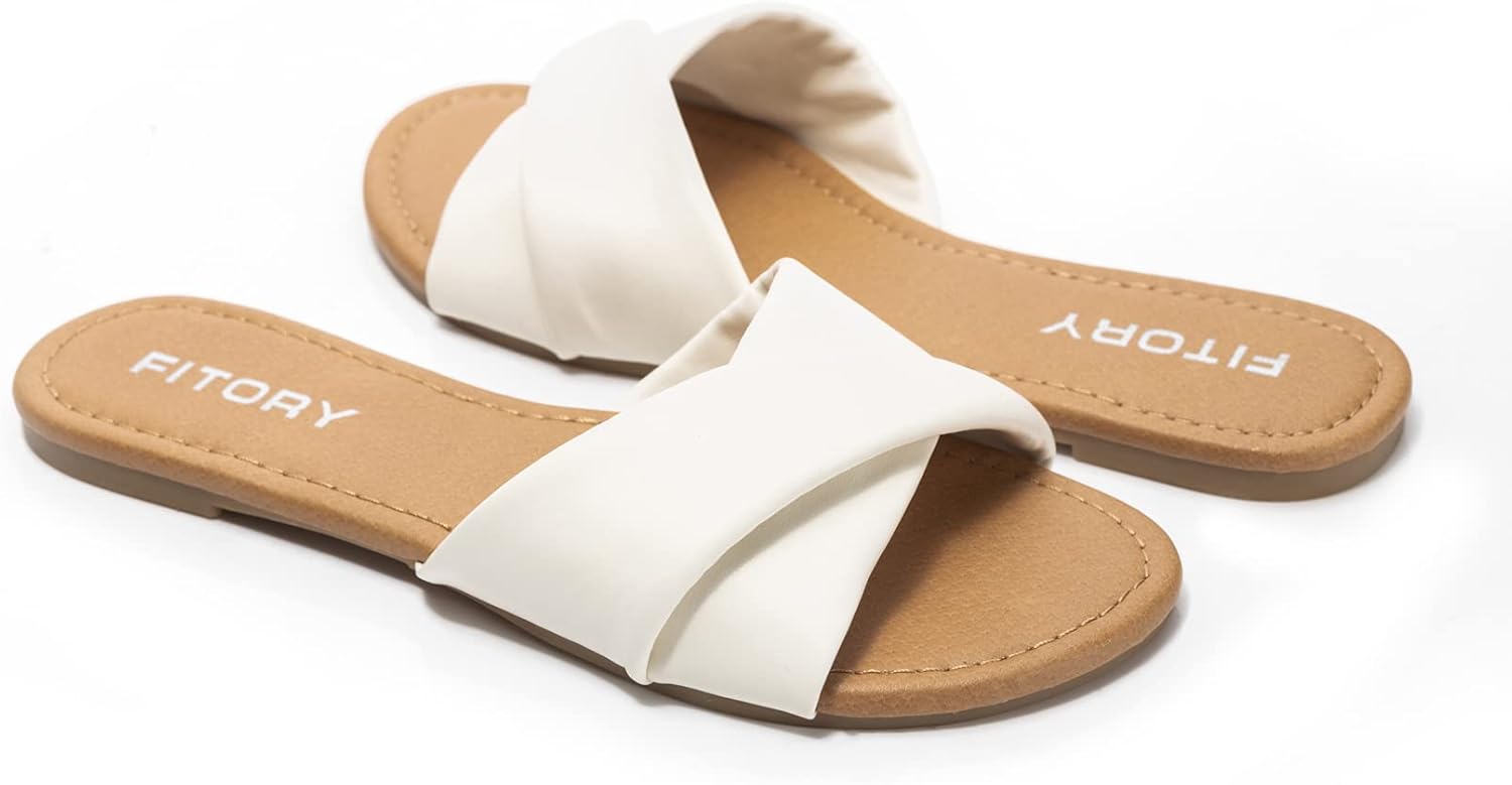 FITORY women's flat sandals in soft tan leather with cushioned slide design, perfect for summer comfort and casual wear โ view 2
